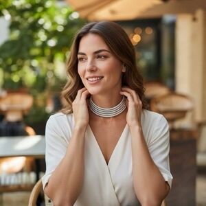 Fashion Silver Tone Multi Layered Magnet Lock Choker Necklace Women 16" EXC